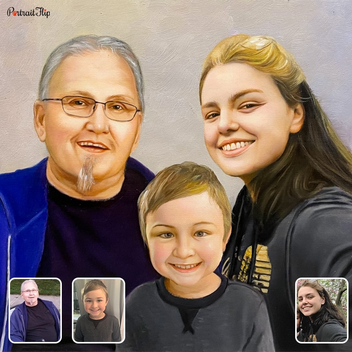 Compilation picture of a baby boy placed in between a young girl and an old man